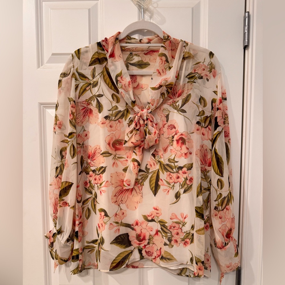 White House Black Market Floral Tie-Neck Blouse